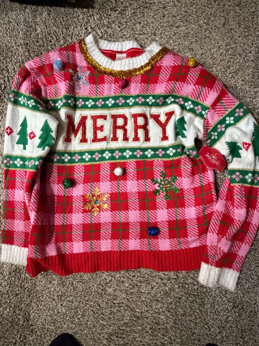 Holiday Time Pink Plaid 'MERRY' Embellished Christmas Sweater